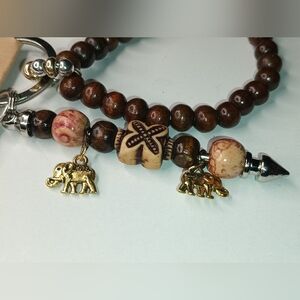Wooden Beaded bag charm / keychainwith Elephant Charms
